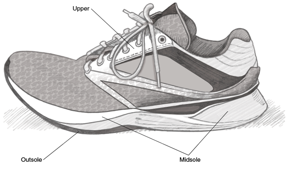 Figure 11.1 Lateral view of shoe: upper, midsole, and outsole.