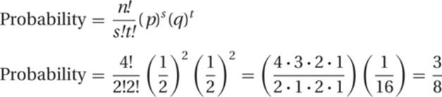 Probability=n!s!t!(p)s(q)tProbability=4!2!2!(12)2(12)2=(4&sdot;3&sdot;2&sdot;12&sdot;1&sdot;2&sdot;1)(116)=38
