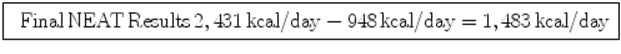  $$\fbox{ $\begin{array}{l} \text{Final} \,\text{NEAT}\, \text{Results}\, 2,431\, \text{kcal/day} -948 \,\text{kcal/day}=1,483\,\text{kcal/day}\end{array} $}$$ 
