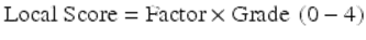  $$ \mathrm{Local}\kern0.24em \mathrm{Score}=\mathrm{Factor}\times \mathrm{Grade}\kern0.24em \left(0-4\right) $$ 