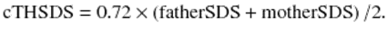  $$ \mathrm{cTHSDS} = 0.72\times \left(\mathrm{fatherSDS} + \mathrm{motherSDS}\right)/2. $$ 
