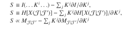  $$\displaystyle\begin{array}{rcl} & & S \equiv I(\ldots K^{i}\ldots ) -\sum _{ j}K^{j}\partial I/\partial K^{j}, \\ & & S \equiv H[X(\mathcal{J}\vert \mathcal{J}^{{\prime}})] -\sum _{ j}K^{j}\partial H[X(\mathcal{J}\vert \mathcal{J}^{{\prime}})]/\partial K^{j}, \\ & & S \propto M_{\mathcal{J}\vert \mathcal{J}^{{\prime}}}-\sum _{j}K^{j}\partial M_{ \mathcal{J}\vert \mathcal{J}^{{\prime}}}/\partial K^{j} {}\end{array}$$ 