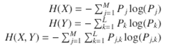  $$\displaystyle\begin{array}{rcl} H(X) = -\sum _{j=1}^{M}P_{ j}\log (P_{j})& & \\ H(Y ) = -\sum _{k=1}^{L}P_{ k}\log (P_{k})& & \\ H(X,Y ) = -\sum _{j=1}^{M}\sum _{ k=1}^{L}P_{ j,k}\log (P_{j,k})& &{}\end{array}$$ 