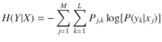  $$\displaystyle{ H(Y \vert X) = -\sum _{j=1}^{M}\sum _{ k=1}^{L}P_{ j,k}\log [P(y_{k}\vert x_{j})] }$$ 