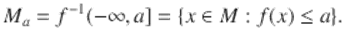  $$\displaystyle{M_{a} = f^{-1}(-\infty,a] =\{ x \in M: f(x) \leq a\}.}$$ 