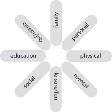 Balance wheel diagram of eight areas: education, career/job, family, personal, physical, mental, leisure/fun and social.